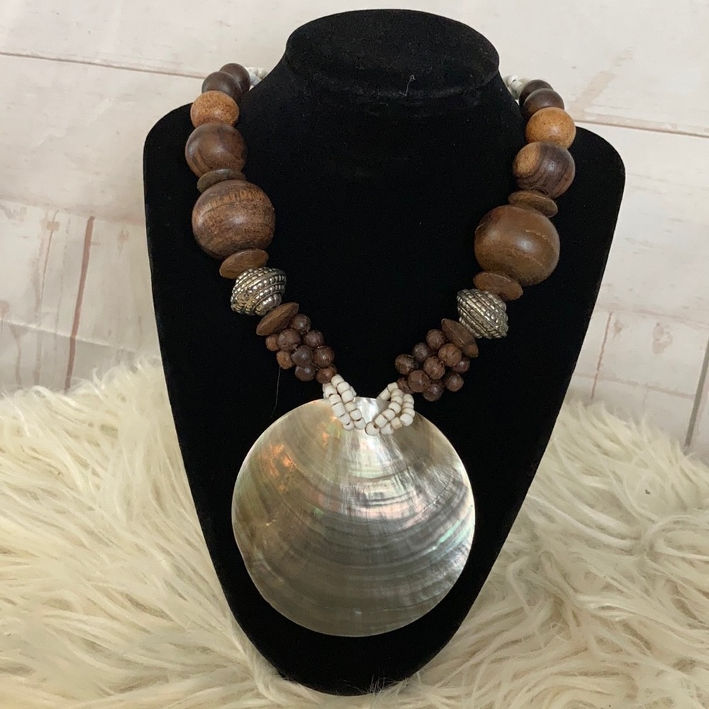 Vntg 24” Abalone Shell & Wood Statement Necklace - image 1